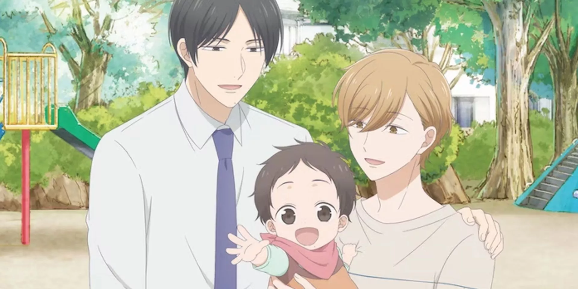 Masaki y Hiromu con el bebé Hikari en Tadaima, Okaeri / Bienvenido a Casa.