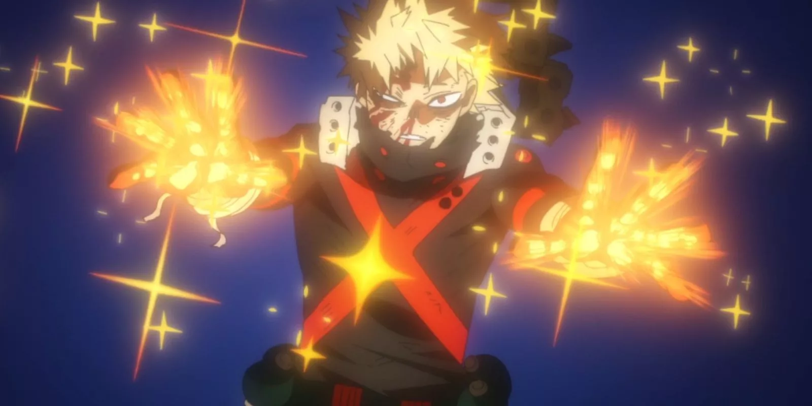 Katsuki Bakugo tiene destellos alrededor de él mientras se prepara para un ataque.