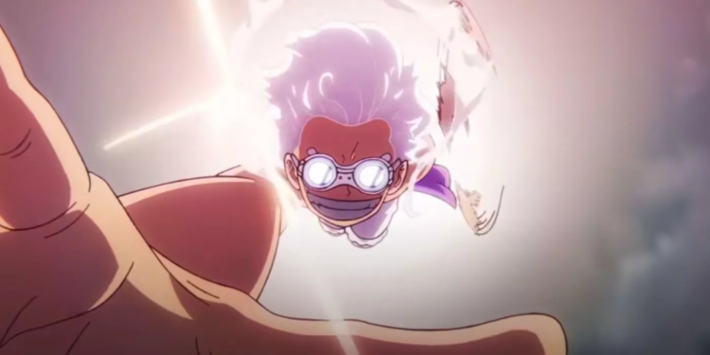 Gear 5 Luffy gira su puño mientras vuela hacia Rob Lucci durante el Arco Egghead de One Piece.