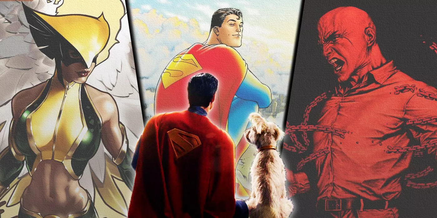 Imagen dividida de Superman y Krypto de Superman 2025 con portadas de Hawkgirl, All-Star Superman y Lex Luthor: Man of Steel