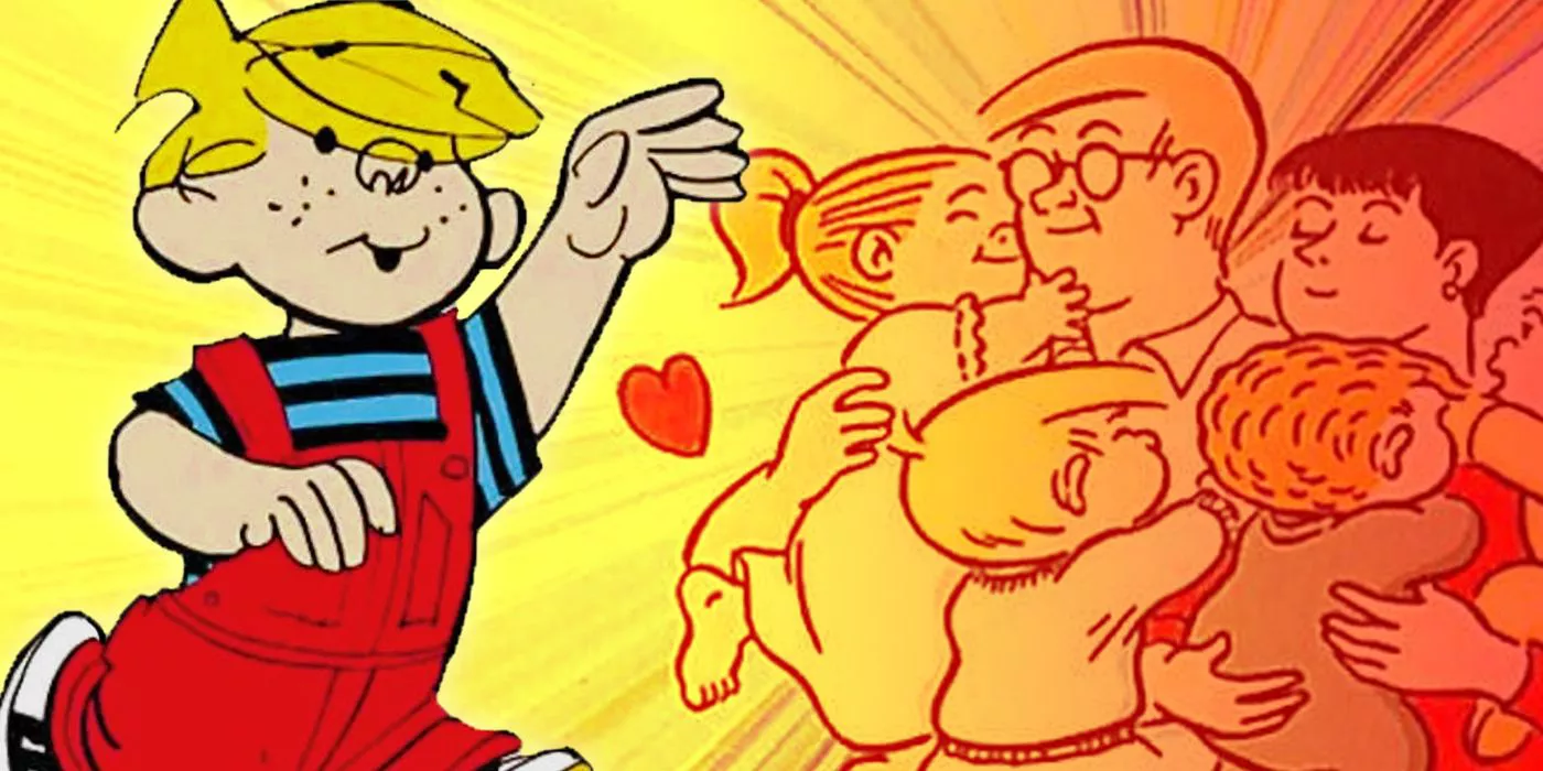 Dennis the Menace is waving, while in the background is an image of a The Family Circus comic strip in the background.