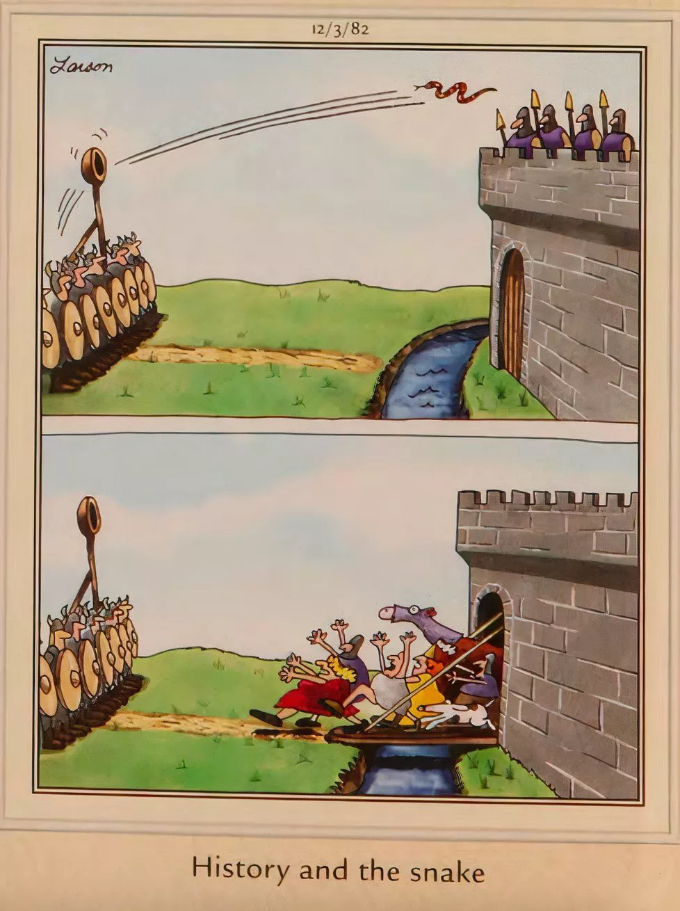 A group of vikings throw a snake into a castle, scaring everyone inside to come out.
