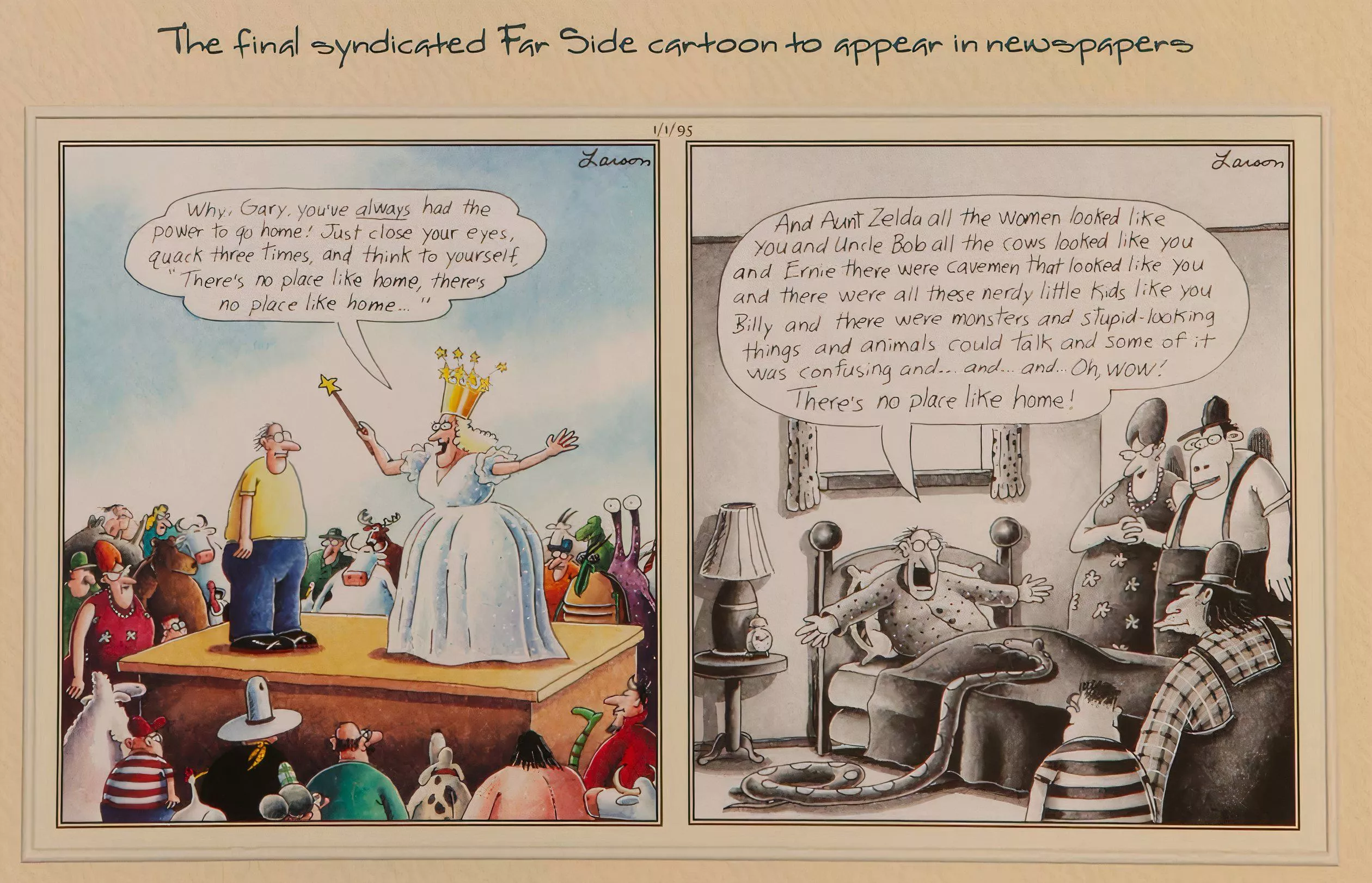 The far Side's final comic strip, where Larson bids his characters and strip farewell.