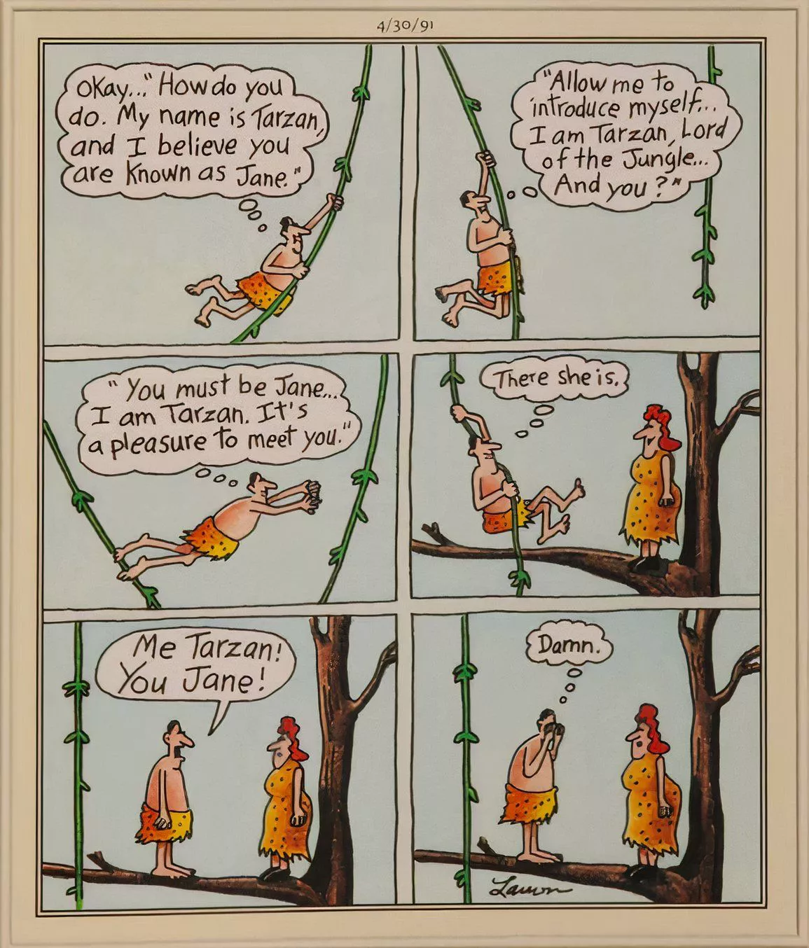 Tarzan is nervous as he introduces himself to Jane.