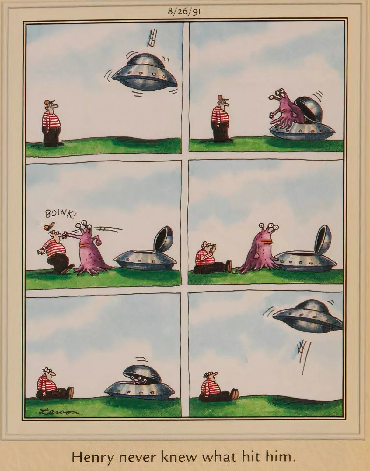 An alien flies down in its space ship, punches Henry, then leaves.