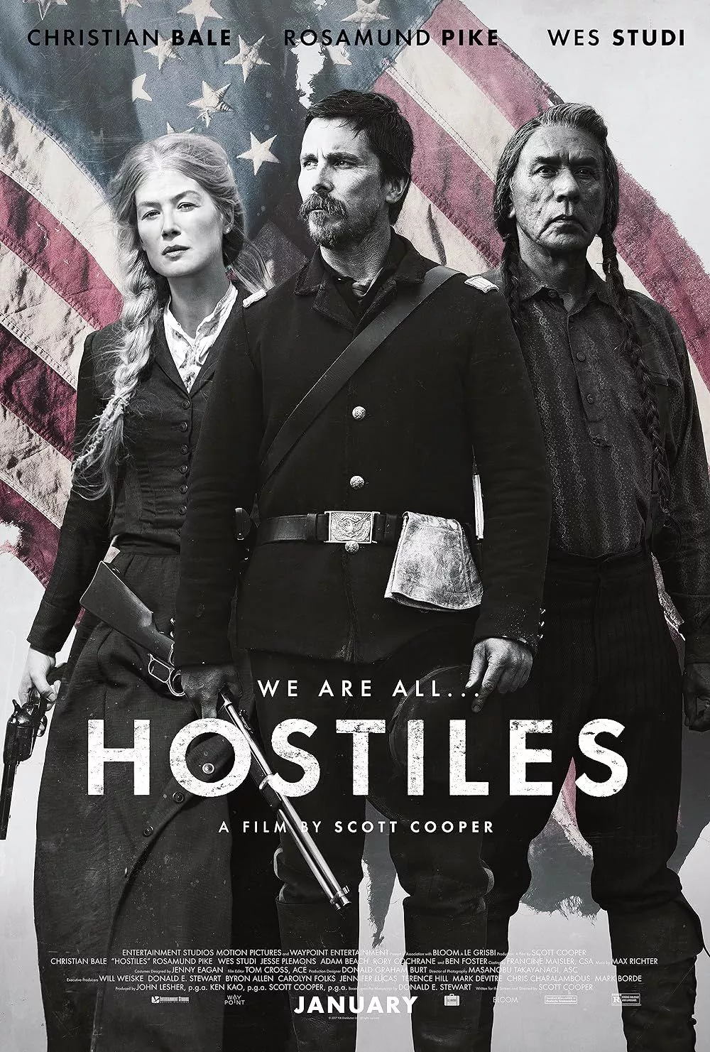 Christian Bale, Rosamund Pike, and Wes Studi in Hostiles