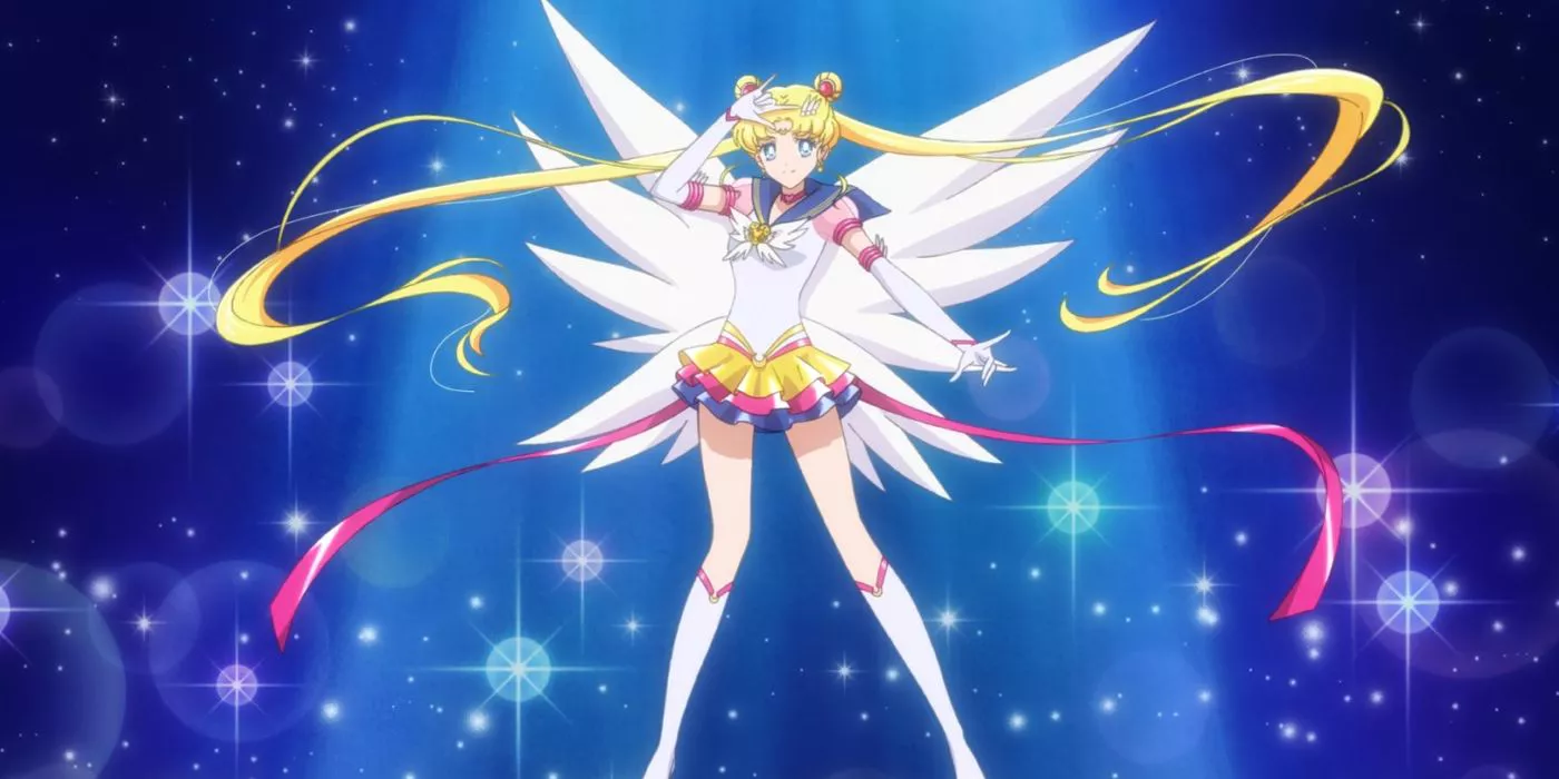Sailor Moon está en su pose icónica después de completar su transformación en Silver Moon Crystal Power Transformation en Sailor Moon Cosmos.