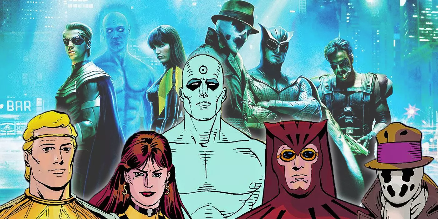 Spli timage of characters from the Watchmen comic with the movie versions in the background