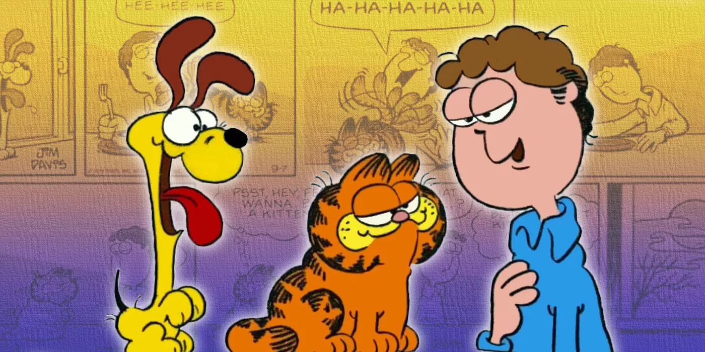 Versiones tempranas de Odie, Garfield y Jon con cómics de fondo