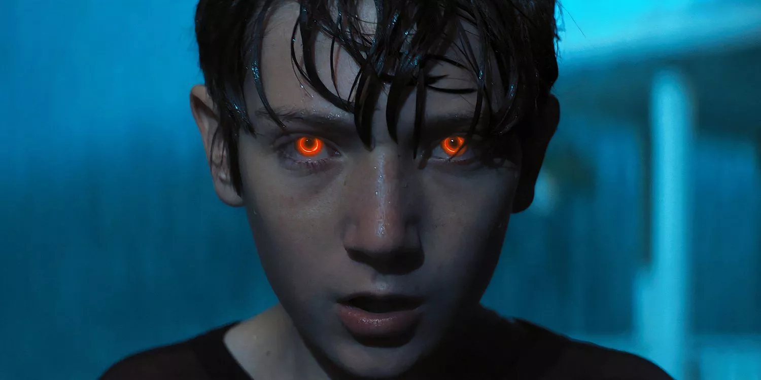 Brandon Breyer has red eyes after turning evil in Brightburn