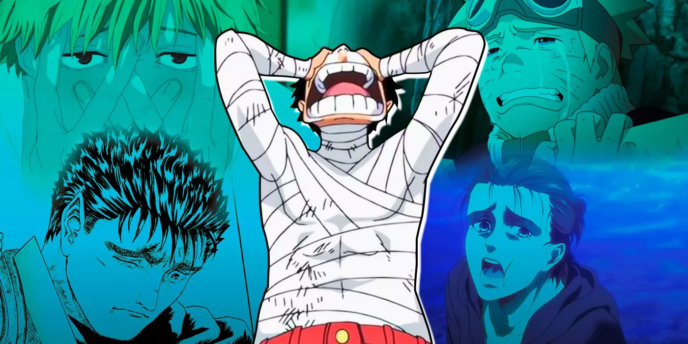 Luffy llorando fuertemente delante, con un collage de Denji (Chainsaw Man), Naruto, Guts (Berserk) y Eren Yeager (AOT) llorando en el fondo