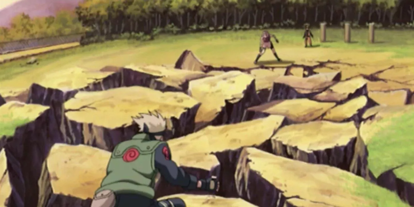 Sakura Haruno shatters the ground with her punch in Naruto Shippuden during second bell test.