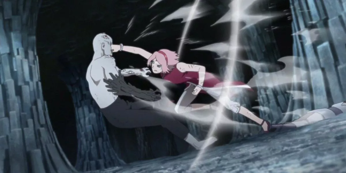 Sakura fighting Shin Uchiha in Boruto.