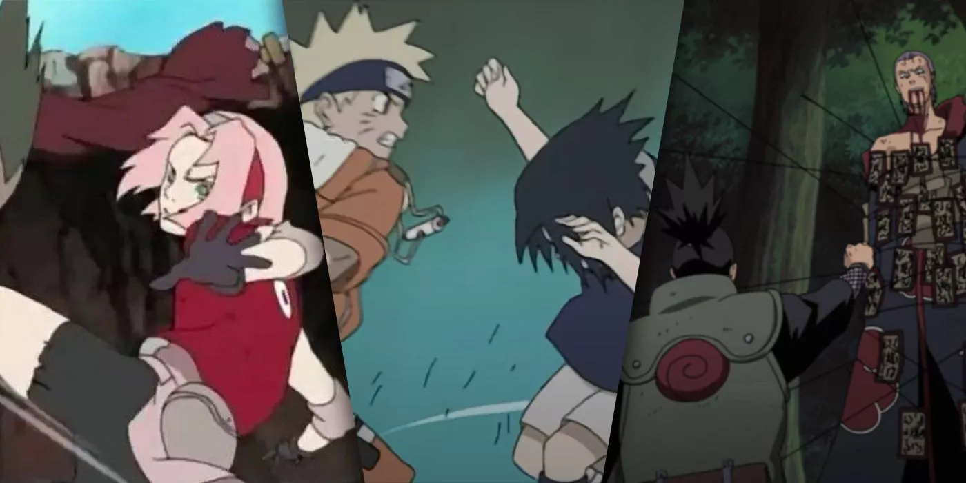 Sakura fighting Sasori, Naruto vs Sasuke first fight valley of the end, Shikamaru vs Hidan