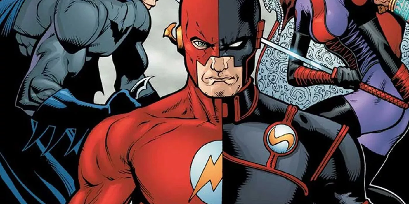 Flash dividido entre su traje normal y su traje de la Liga de la Justicia Elite