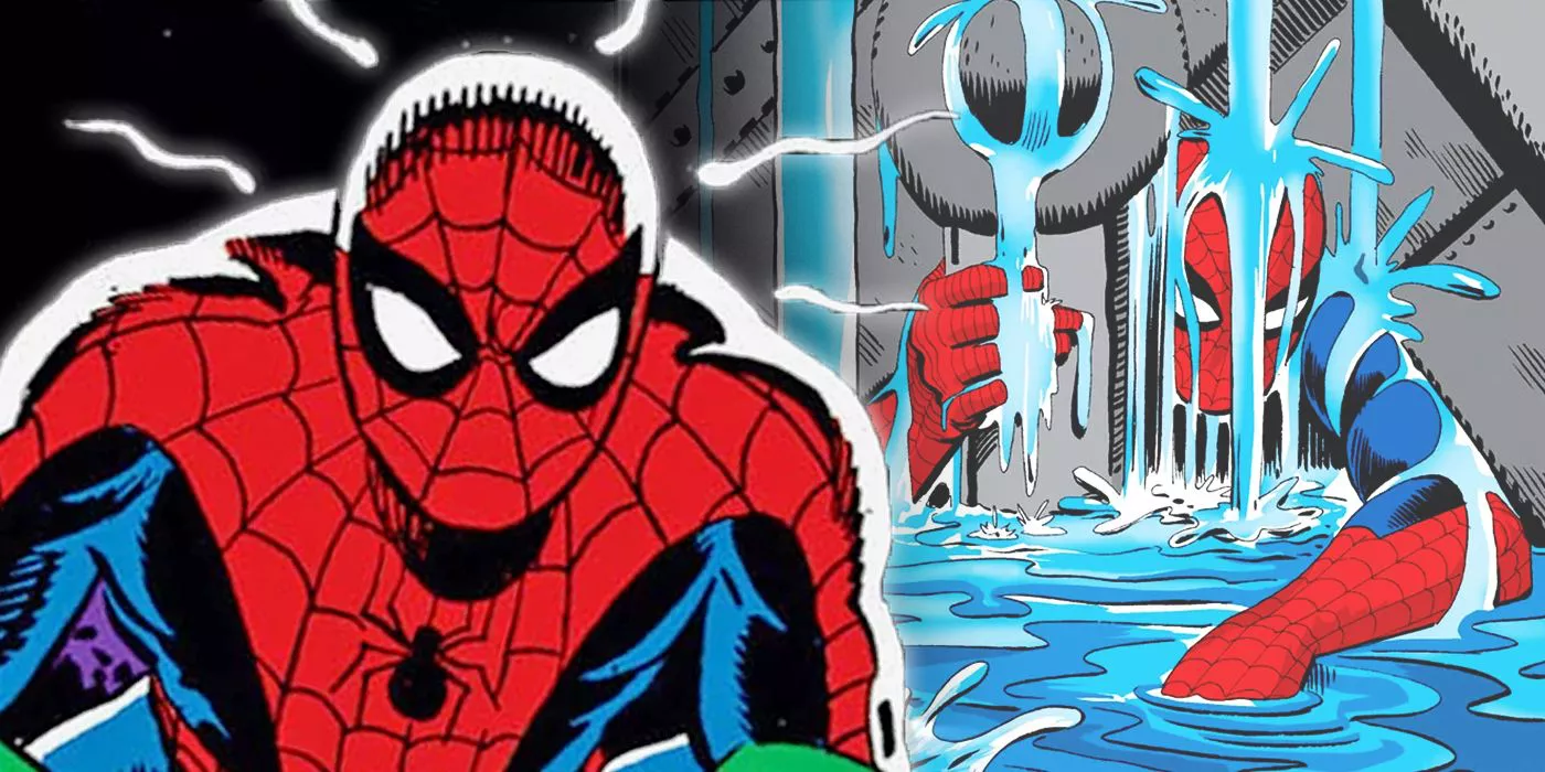 collage of Spider-Man's spider-sense and Spidey drowning under machinery from Marvel Comics