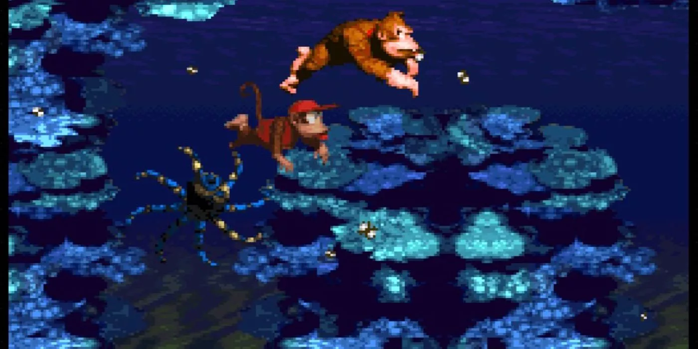 Diddy Kong and Donkey Kong being chased in an underwater level in Donkey Kong Country