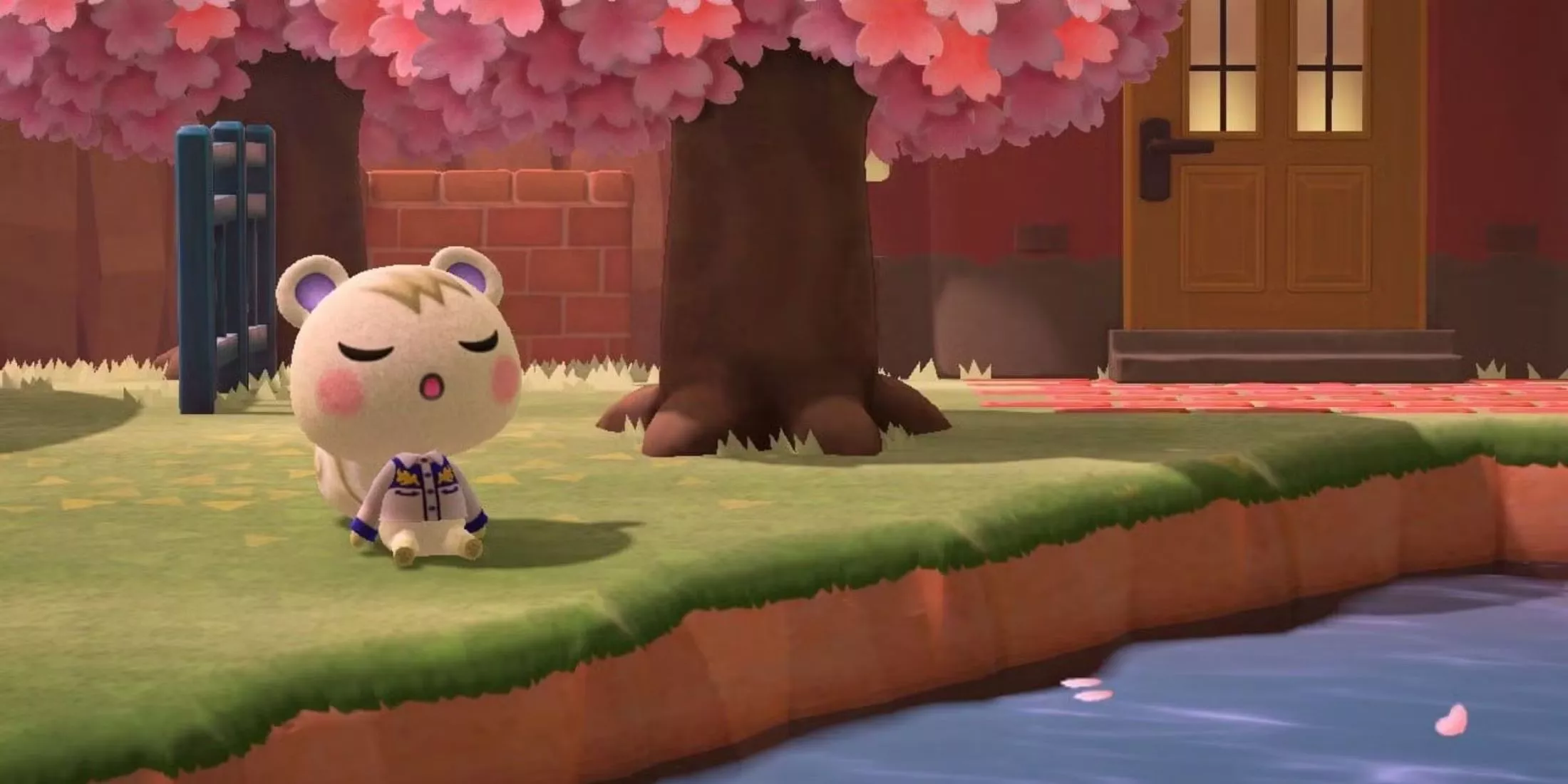 Marshal yawns by the river in Animal Crossing New Horizons.