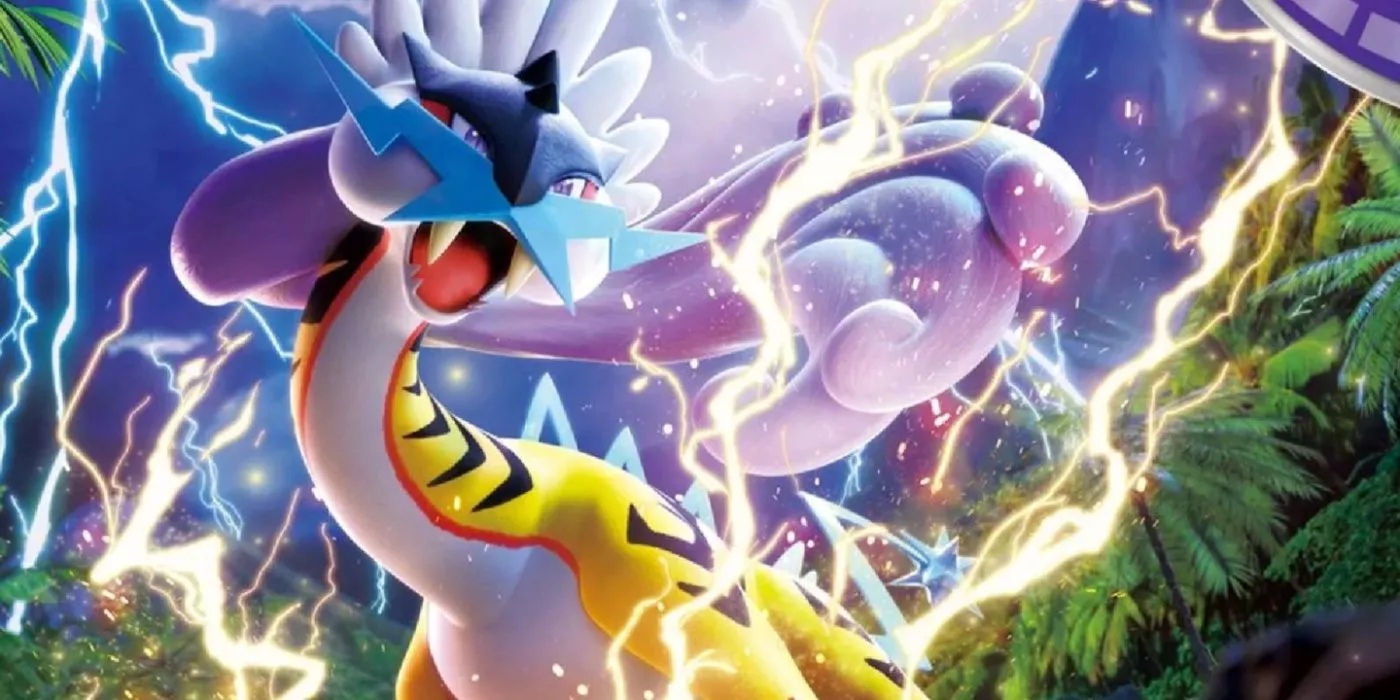 Raging Bolt with lightning striking around it in Pokémon TCG key art.