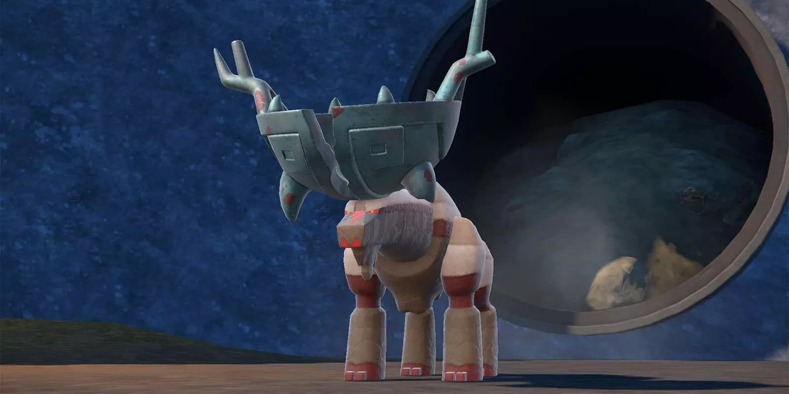 The Legendary Ruinous Pokemon Ting-Lu approaches in Pokémon Scarlet and Violet.