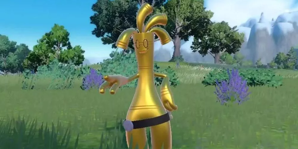 Gholdengo in a field in Pokémon Scarlet and Violet.