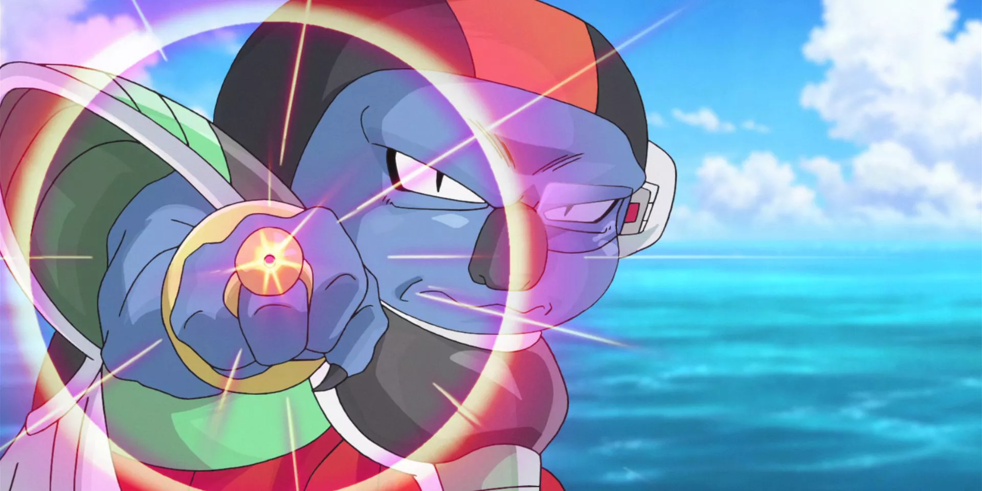 Sorbet dispara un láser de su anillo en Dragon Ball Super.