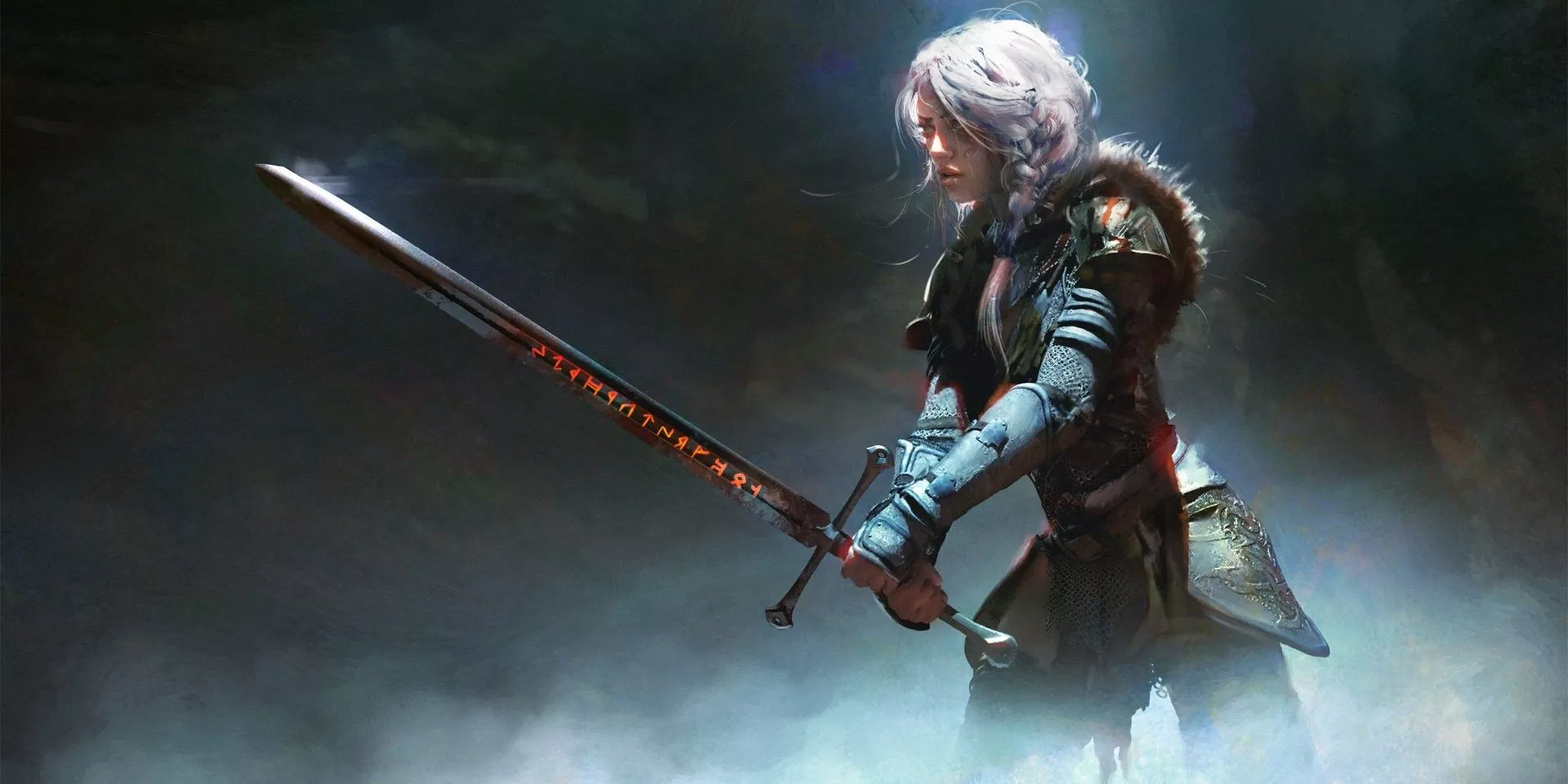 Un Guerrero Rune Knight de Dungeons & Dragons sostiene una gran espada grabada con runas en DnD 5e