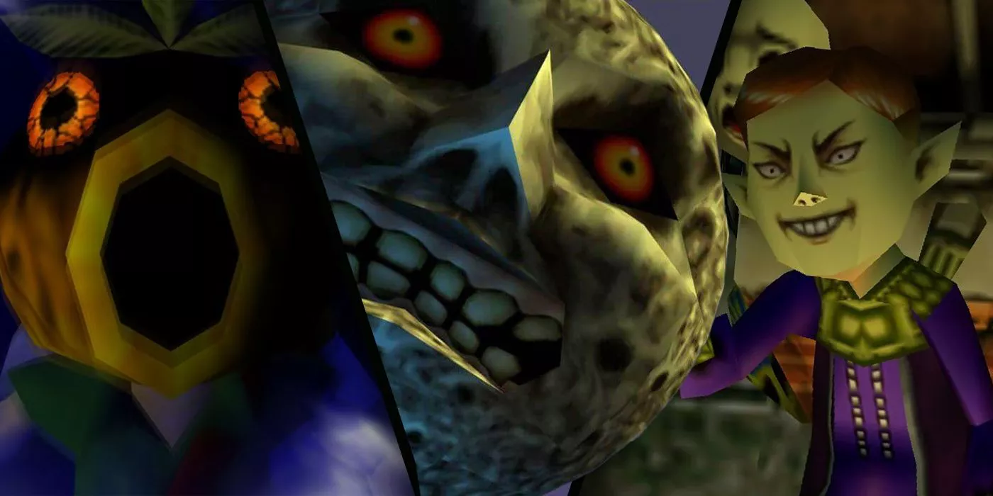 Deku Scrub mask (left), the Moon (center), and the Happy Mask Salesman (right) Zelda: Majora's Mask