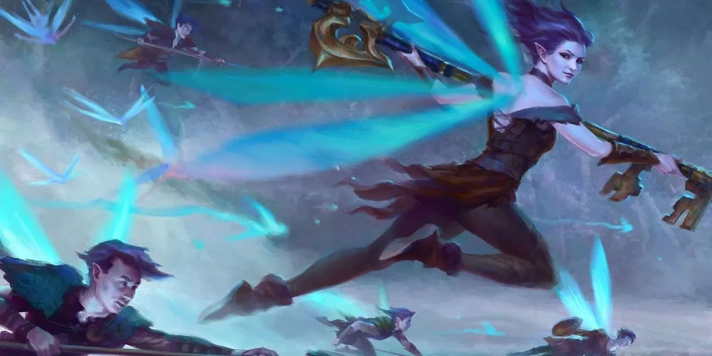 Un grupo de hadas vuela con alas azules.