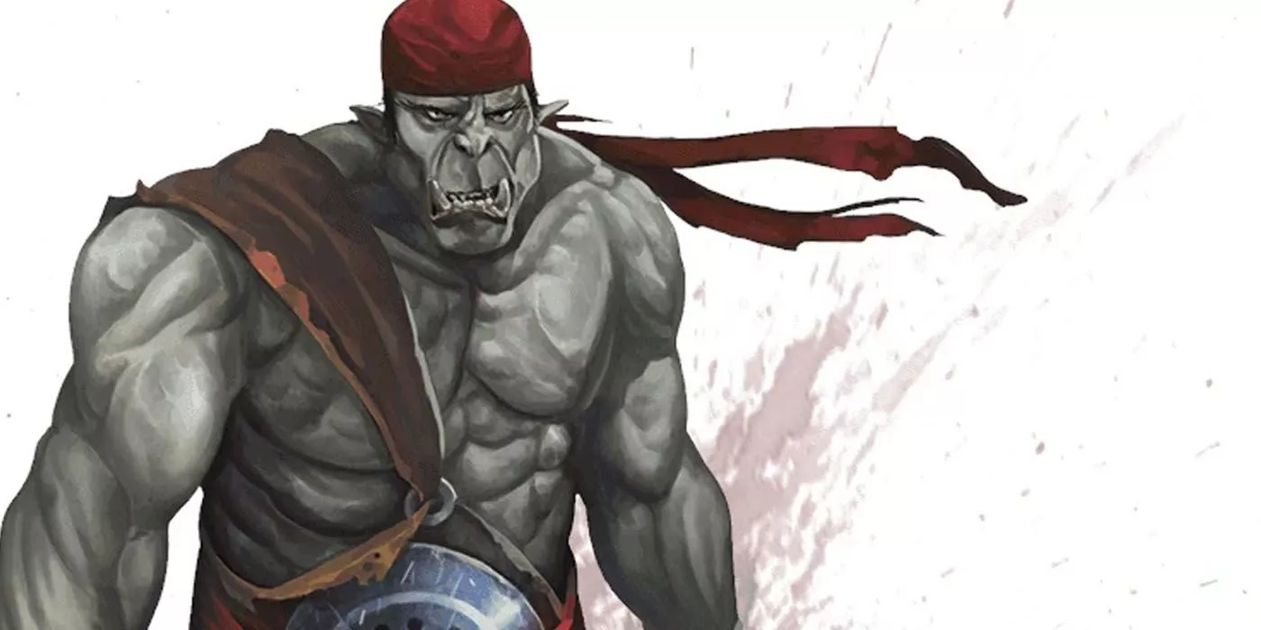 Pirata Semi-Orco de Dungeons & Dragons con un pañuelo rojo mientras se prepara para la batalla.