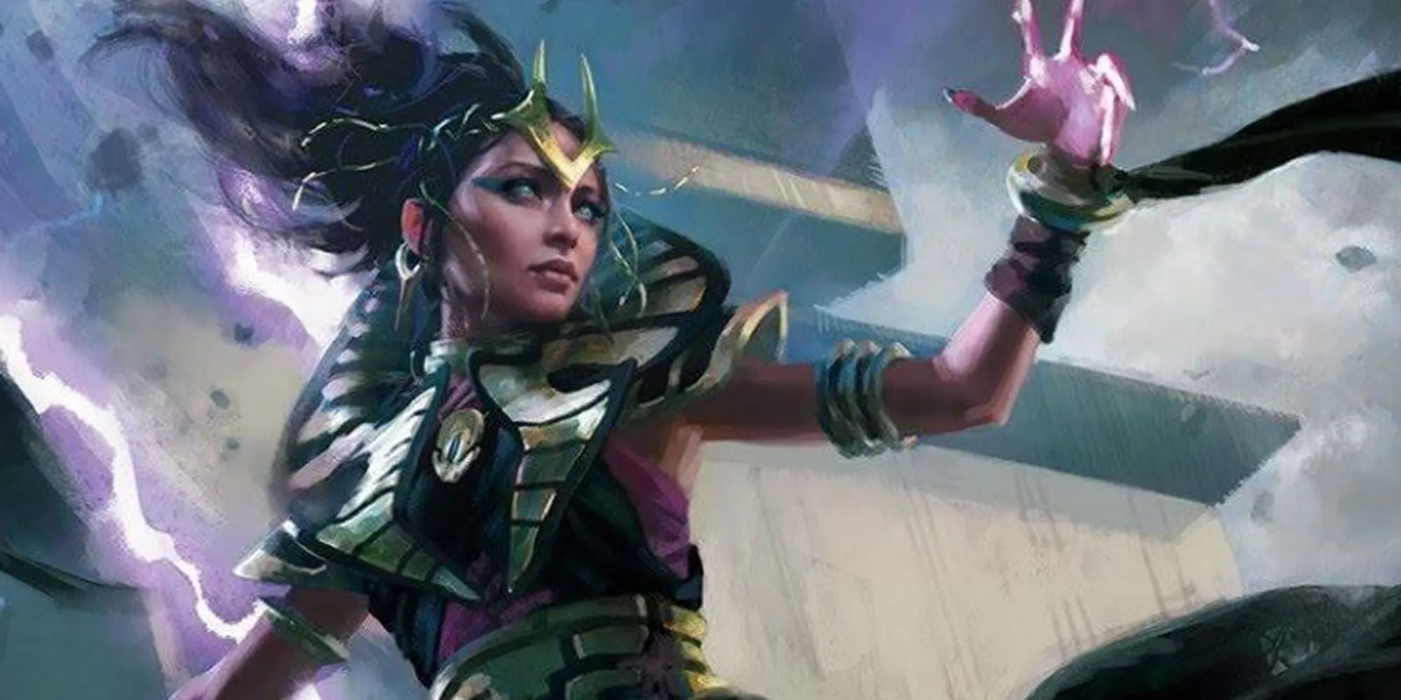 Una mujer warlock de D&D lanza un hechizo con rayos a su alrededor.