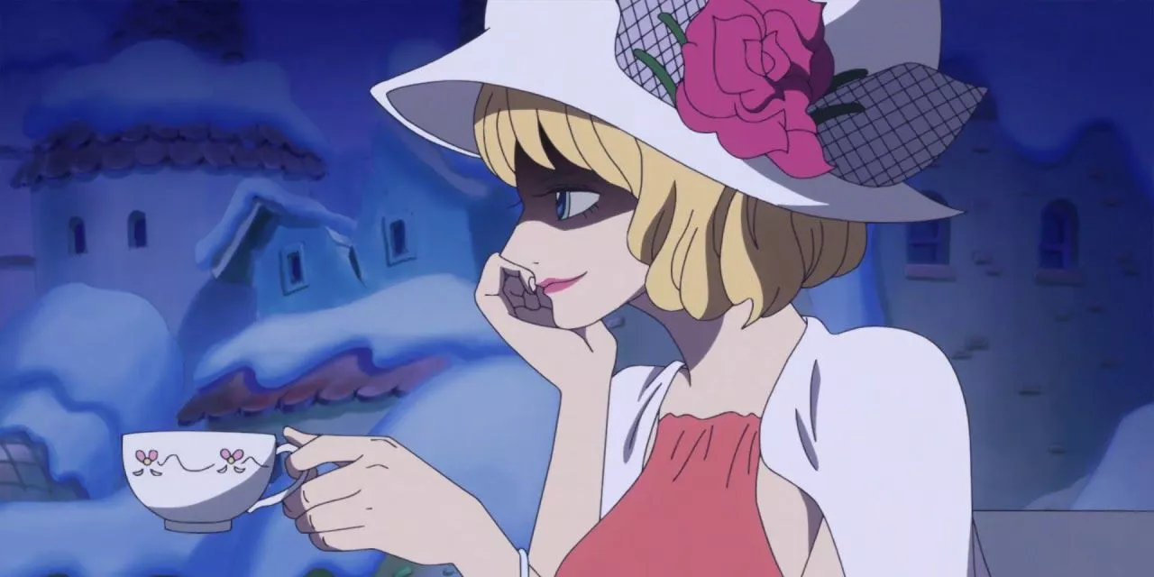 Stussy bebiendo té con una mirada siniestra en sus ojos.