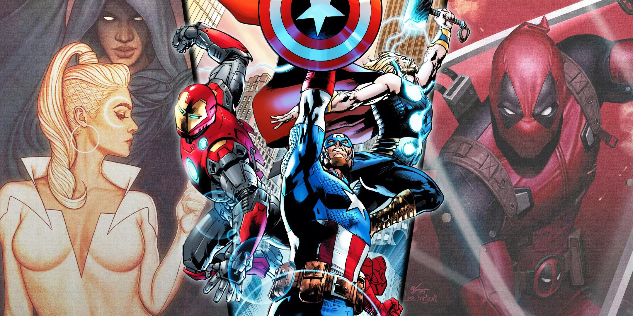 Split image of the new Ultimates with Cloak and Dagger and Deadpool from Marvel Comics