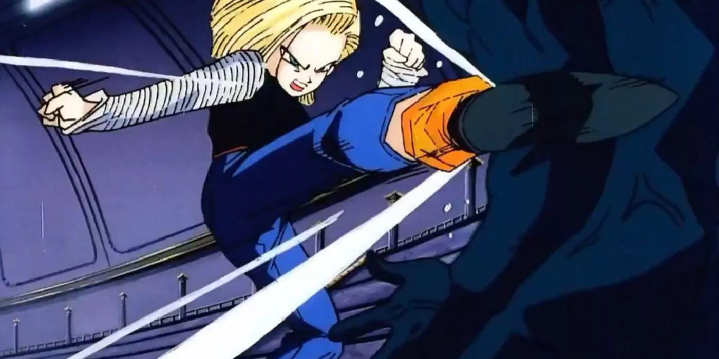 Android 18 kicks Bio-Warriors in Dragon Ball Z: Bio-Broly.