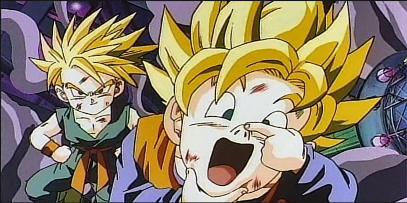 Goten and Trunks make silly faces in Dragon Ball Z: Bio-Broly.