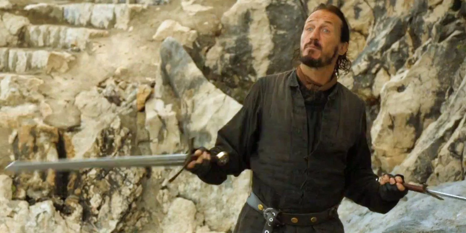 Bronn nonchalantly taunting while holding two swords in Game Of Thrones