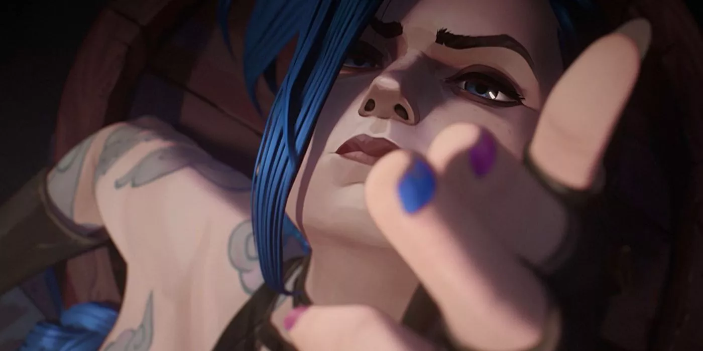 Jinx hace un gesto de pistola con el dedo en Arcane.
