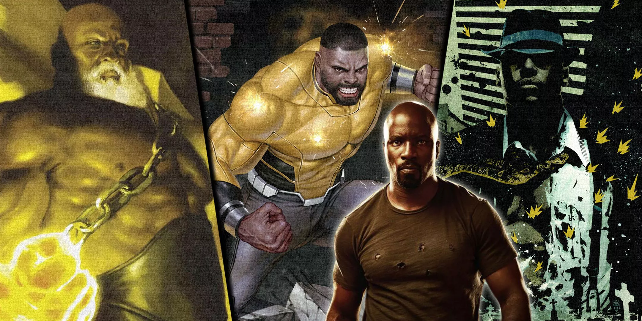 Split image of Luke Cage variants from Netflix and Marvel Comics