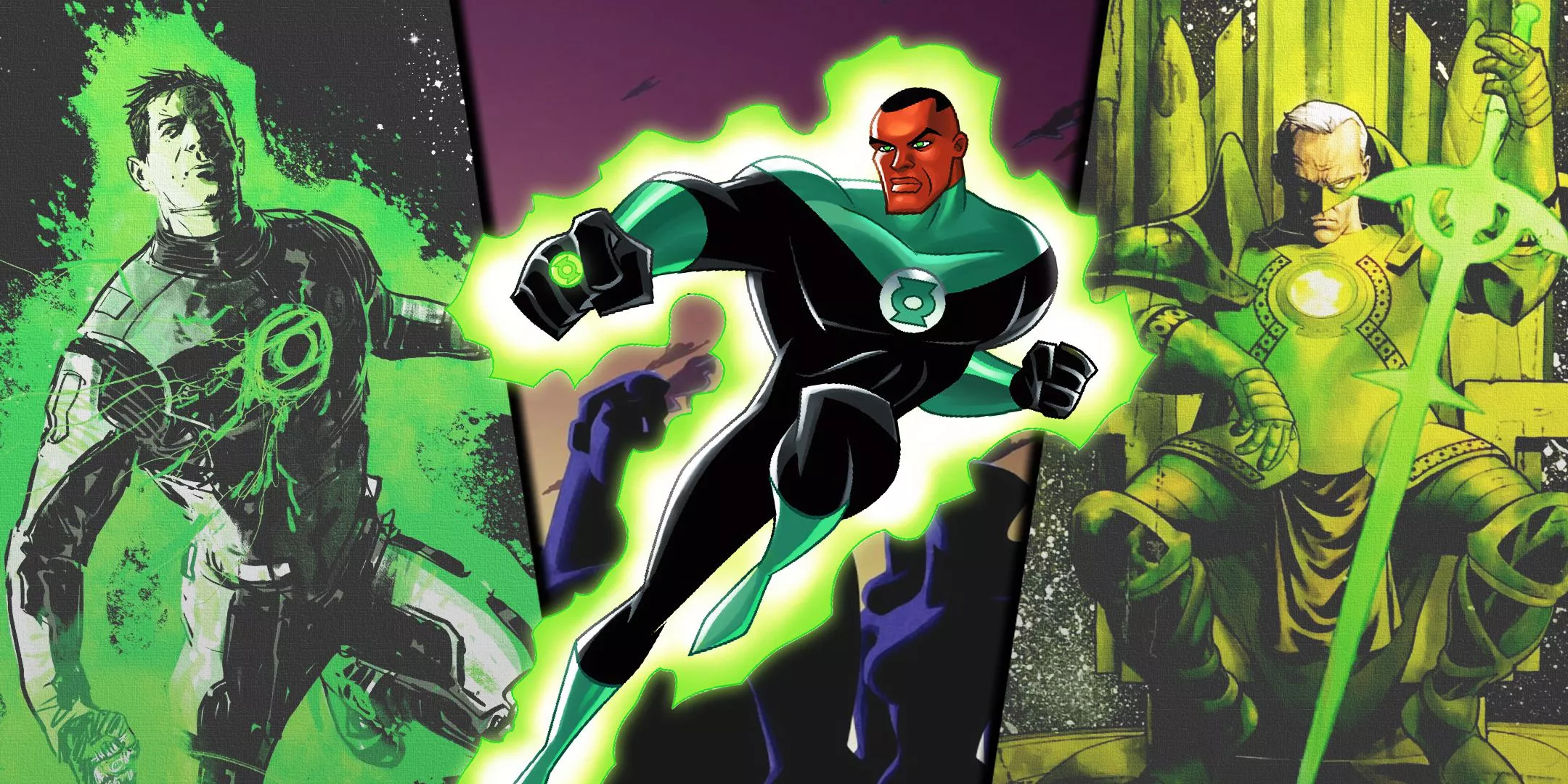 Imagen dividida de Green Lantern: Hal Jordan de Earth One, John Stewart de DCAU, y Alan Scott de Kingdom Come de DC Comics