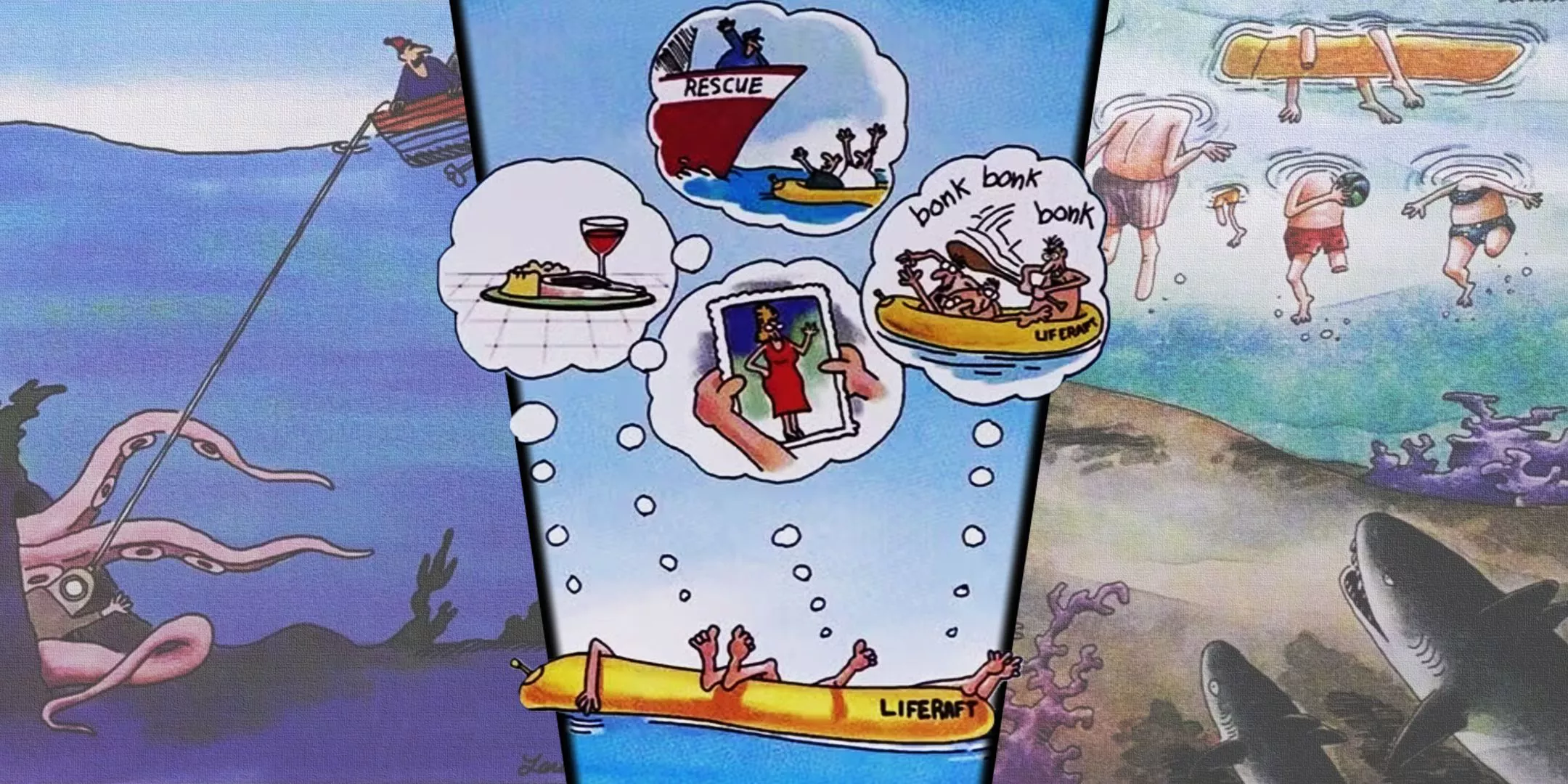 Split image of funny scenes from the ocean in The Far Side comic strip
