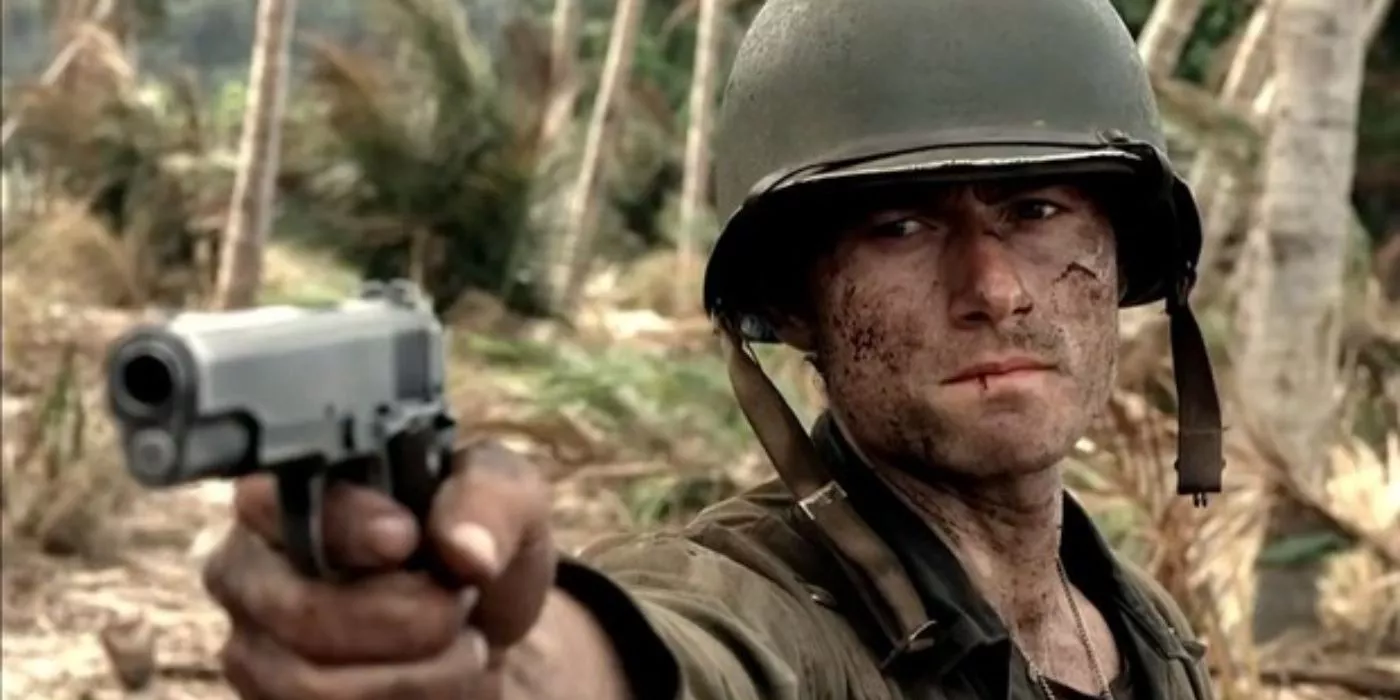 James Badge Dale as PFC. Robert Leckie pointing a gun in The Pacific