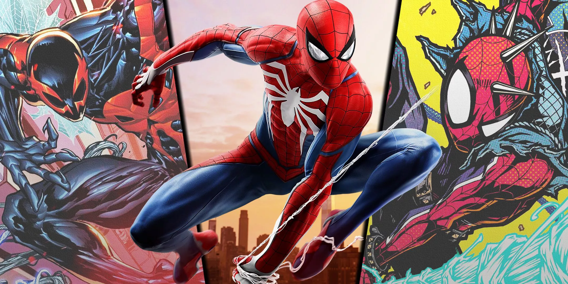 Imagen dividida de Spider-Man de Insomniac, Spider-Man 2099 y Spider-Punk de Marvel Comics