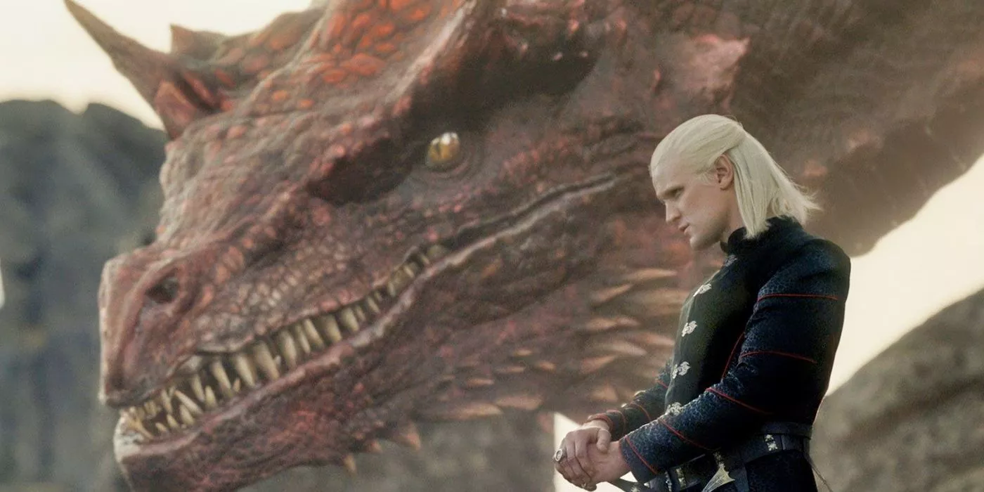 Daemon Targaryen and his dragon Caraxes in House of the Dragon.