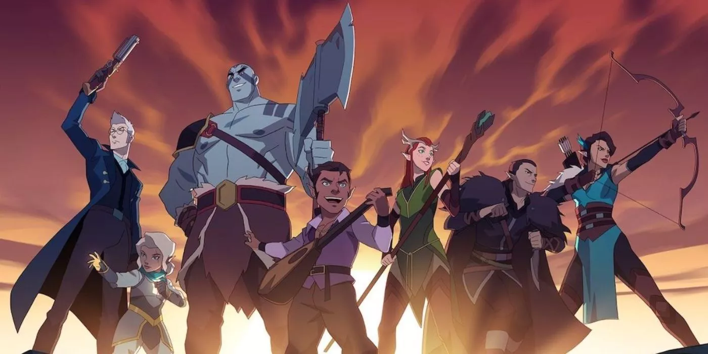 The Vox Machina members, some of which include Scanlan Shorthalt, Keyleth and Kevdak, prepare to fight in the Critical Role: The Legend of Vox Machina opening.