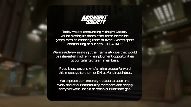 Midnight Society Game Studio Closes Amid Financial Struggles