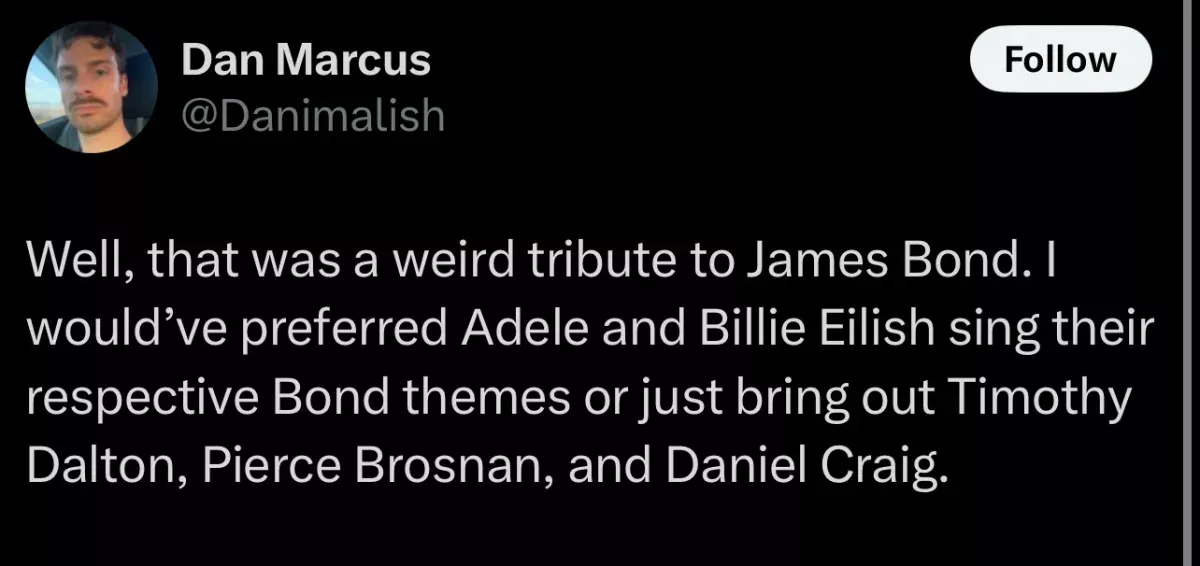 'Oportunidad Perdida': Los Espectadores Querían un Gran Anuncio Durante el 'Raro' Tributo a Bond en los Oscars