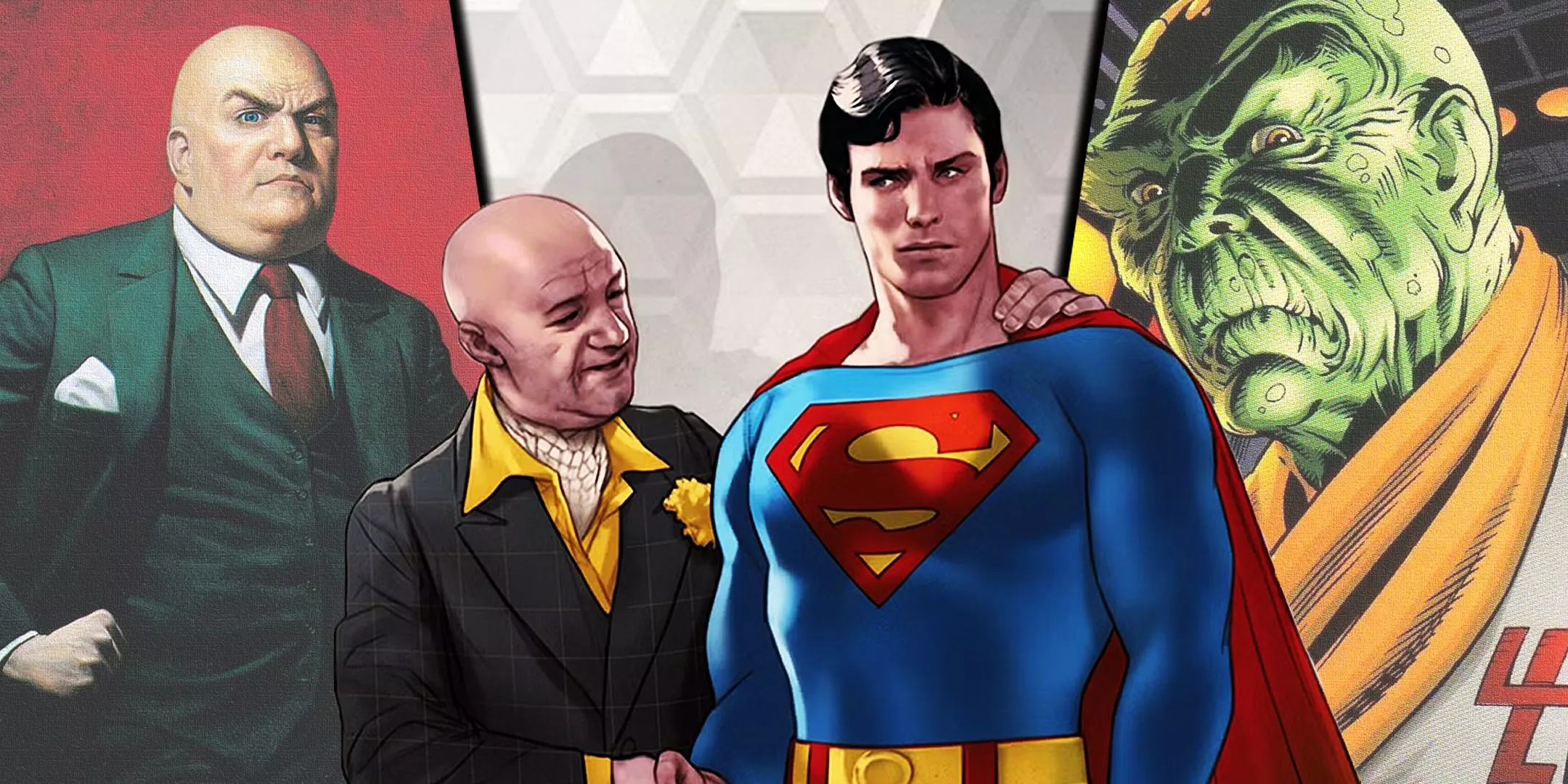 Split image of Lex Luthor variants from DC's Superman '78, Kingdom Come, and the Amalgam universe