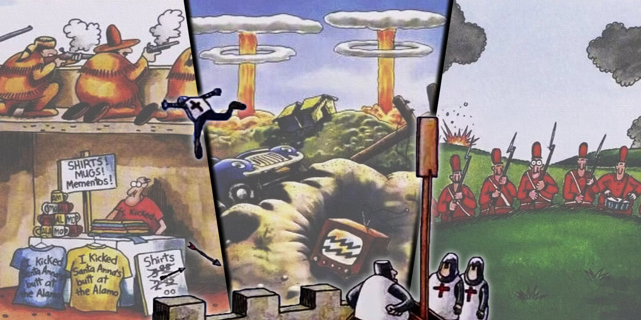 Split image of Far Side comics about war with soldiers, merch vendors, and nuclear apocalypse