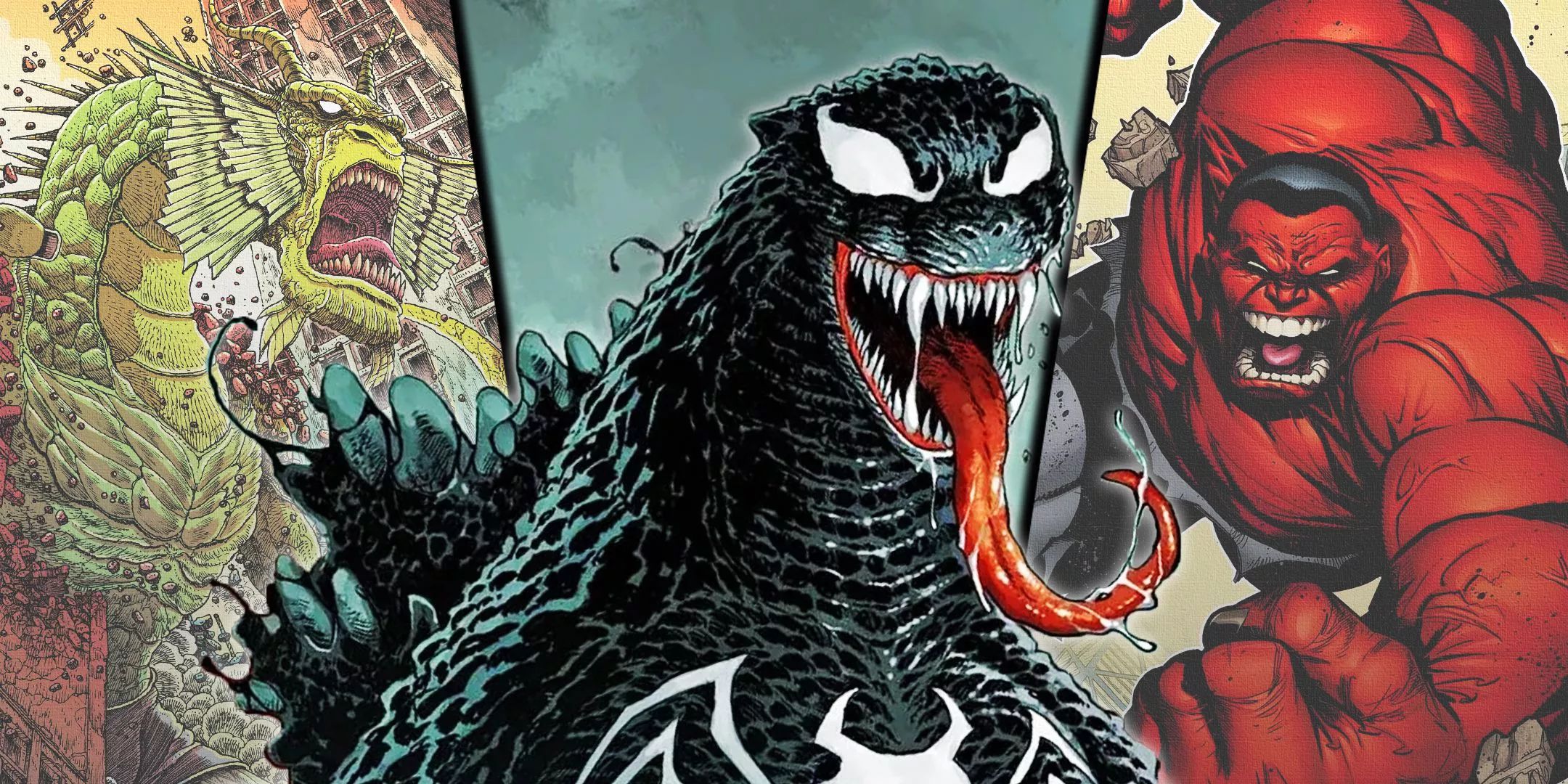 Split image of a Venomized Godzilla with Hulk and Fin Fang Foom from Marvel Comics