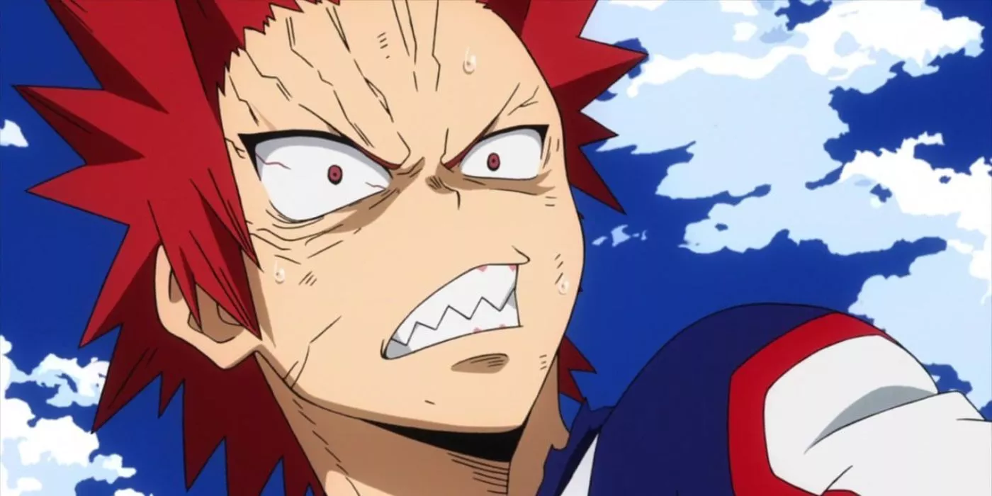 Kirishima partially activating his Quirk and grimacing during the U.A. Sports Festival.